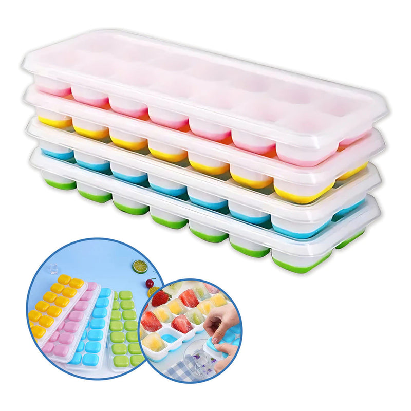Kit 4 Forma Com Tampa Gelo Ice Flexivel Forminha Fundo Silicone 14 Cubos Alimentos Frutas Papinha